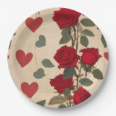 Rote Rosen mit Herz-Muster Romantische Pappteller (Vorderseite)