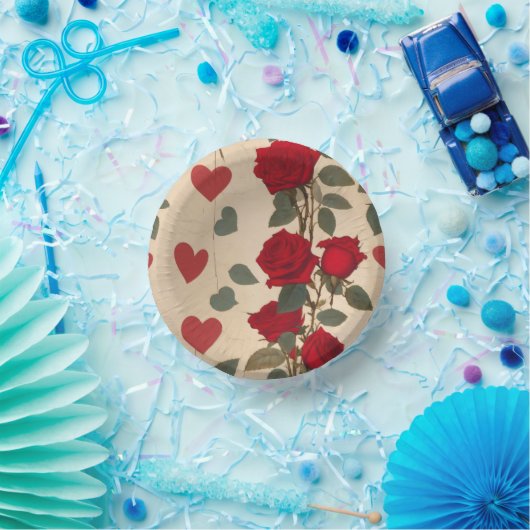 Rote Rosen mit Herz-Muster Romantische Pappteller (Party)