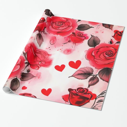 Rote Rosen mit Herz Valentine Romantische Flora Geschenkpapier (Ungerollt)