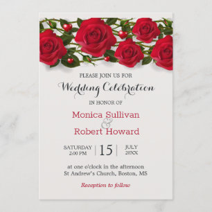 Rote Rosen mit Herzen Einladung Hochzeit