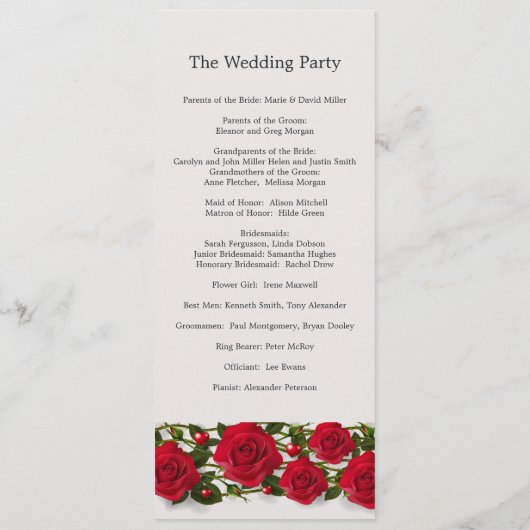 Rote Rosen mit Herzen Hochzeitsprogramm Programm (Rückseite)