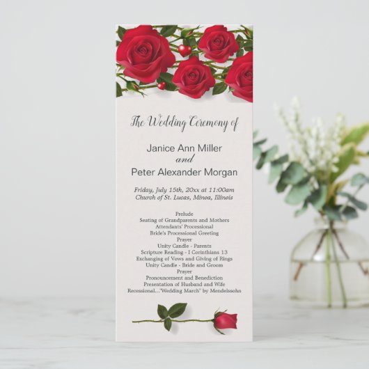 Rote Rosen mit Herzen Hochzeitsprogramm Programm (Stehend Vorderseite)