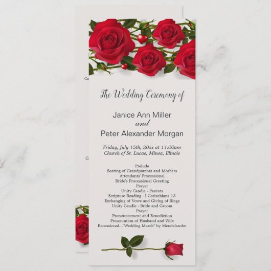 Rote Rosen mit Herzen Hochzeitsprogramm Programm (Vorne/Hinten)
