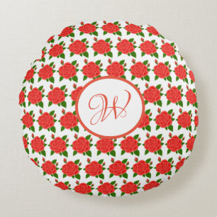 Rote Rosen mit Knospen Monogramm Runde Kissen
