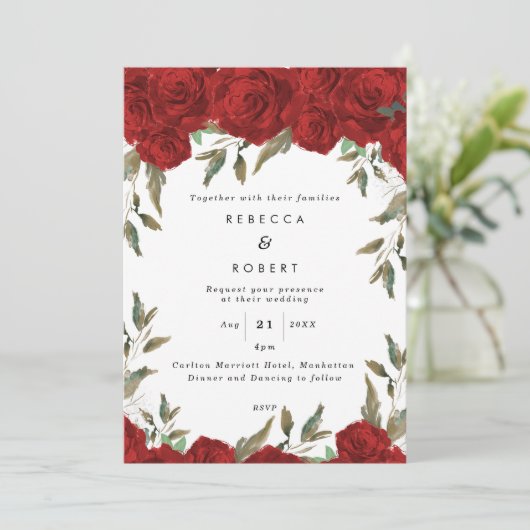 rote Rosen mit moderner Hochzeitseinladung Einladung (Stehend Vorderseite)