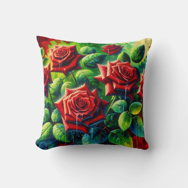 "Rote Rosen mit Raindrops" Kissen (Vorderseite)