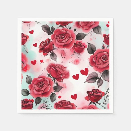 Rote Rosen mit Rotem Herzen Romantische Serviette (Vorderseite)