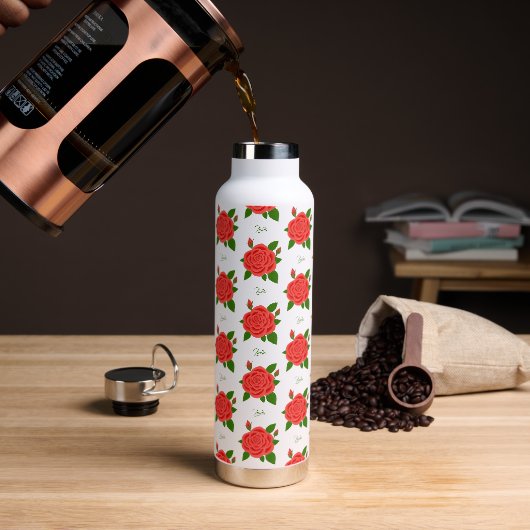 Rote Rosen mit Text, der isoliert ist Trinkflasche (Kaffee)