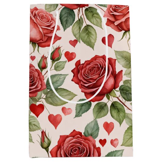 Rote Rosen mit Valentinherzen Muster Romantische Mittlere Geschenktüte (Vorderseite)