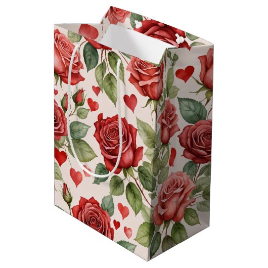 Rote Rosen mit Valentinherzen Muster Romantische Mittlere Geschenktüte (Rückseite Schrägansicht)