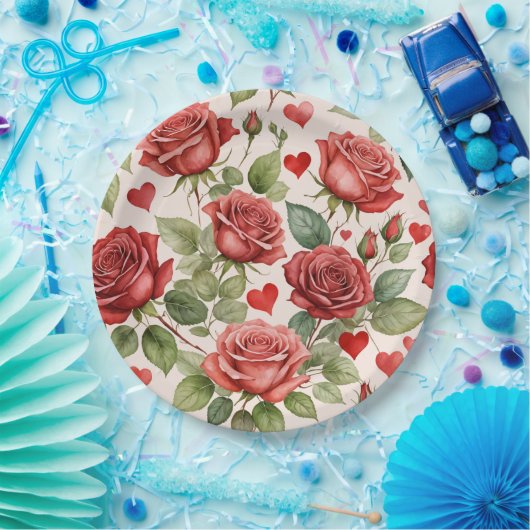 Rote Rosen mit Valentinherzen Muster Romantische Pappteller (Party)