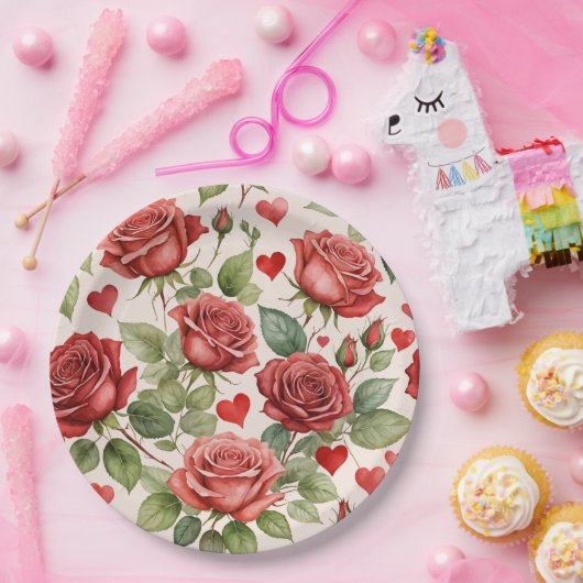 Rote Rosen mit Valentinherzen Muster Romantische Pappteller (Party)