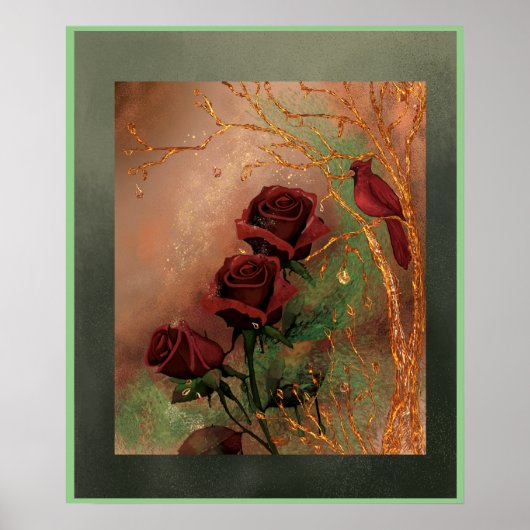 Rote Rosen mit Vogel Poster (Vorne)