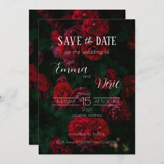 Rote Rosen mit weißen Texten Save the Date Einladung (Vorne/Hinten)