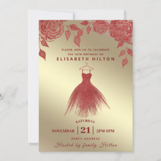 Rote Rosen Modernes Glitzer Kleid 16 . Geburtstag Einladung