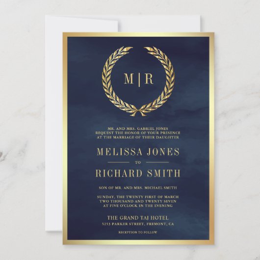 Rote Rosen Monogram All in One Navy Blue Wedding Einladung (Vorderseite)