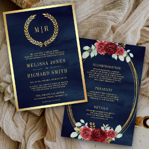Rote Rosen Monogram All in One Navy Blue Wedding Einladung