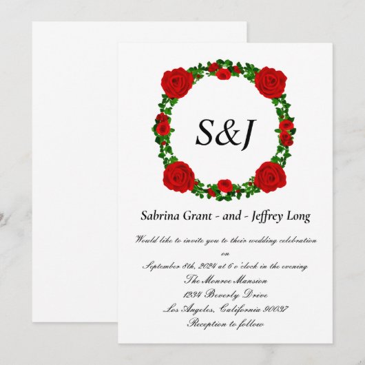 Rote Rosen-Monogramm-Hochzeit Einladung (Vorne/Hinten)