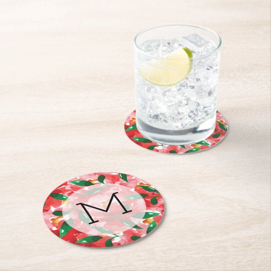 Rote Rosen Monogramm Runder Pappuntersetzer (Vor Ort)