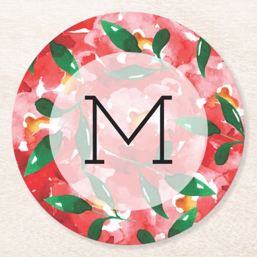 Rote Rosen Monogramm Runder Pappuntersetzer (Vorderseite)