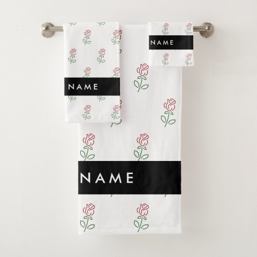 Rote Rosen, Muster von Rose, Ihr Name Badhandtuch Set (Insitu)