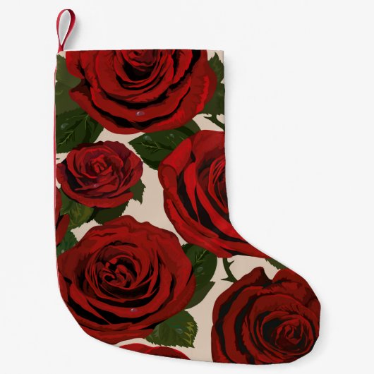 	rote Rosen. Nahtloser blumiger Hintergrund.  Kleiner Weihnachtsstrumpf (Vorderseite)