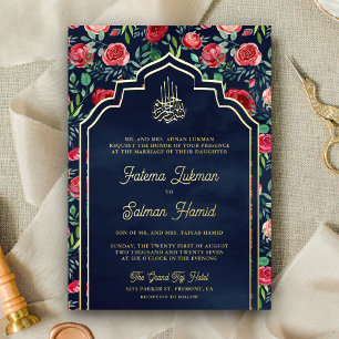 Rote Rosen Navy Blau Floral Muslimische Hochzeit G Folieneinladung