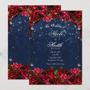 Rote Rosen Navy Blau Gold Verzauberte Florale Hoch Einladung