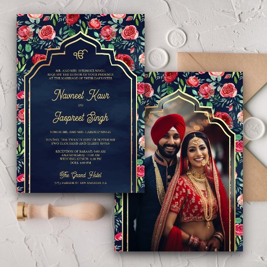 Rote Rosen Navy Blue Foto Anand Karaj Sikh Wedding Einladung