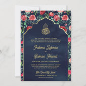 Rote Rosen Navy Blue Gold Floral Muslim Hochzeit Einladung (Vorderseite)