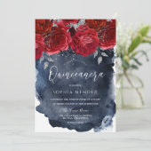 Rote Rosen Navy Watercolor Splash Quinceanera Part Einladung (Stehend Vorderseite)