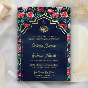 Rote Rosen Navyblau Gold Blumen Muslimische Hochze Einladung