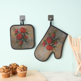 Rote Rosen Ofenhandschuh & Topflappen-Set