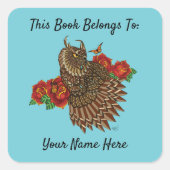 Rote Rosen Owl Blue Buchzeichen Quadratischer Aufkleber (Vorderseite)