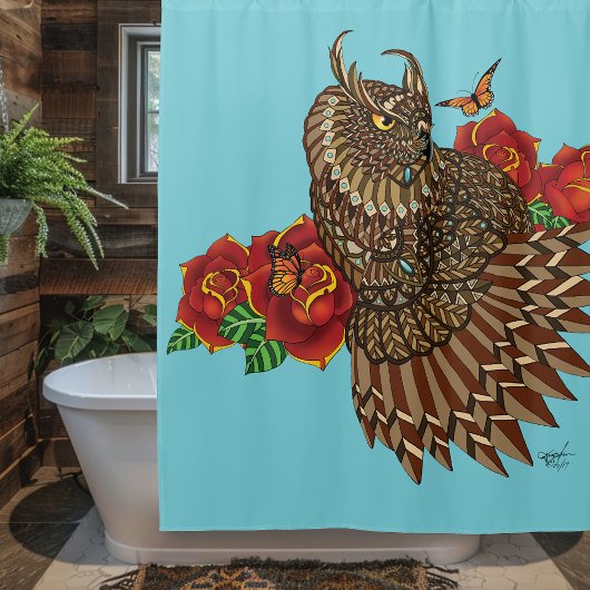 Rote Rosen Owl Blue Duschvorhang