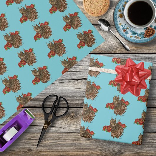 Rote Rosen Owl Blue Geschenkpapier