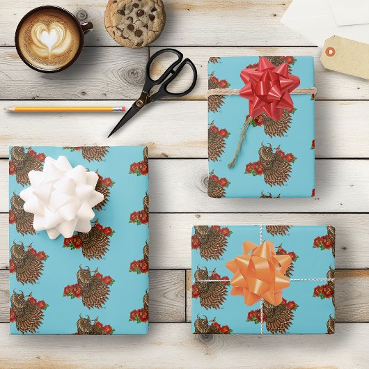 Rote Rosen Owl Blue Geschenkpapier Set