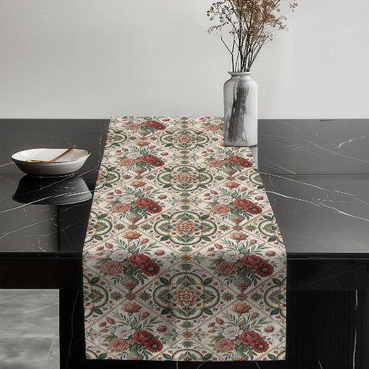 Rote Rosen Pastellgrün Fliesen Shabby Chic Dekorat Großer Tischläufer