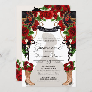 Rote Rosen & Peonies Western Charro Quinceanera Einladung