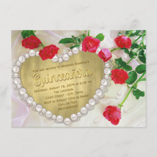 Rote Rosen-Perlen-Herz-Quinceañera Einladung