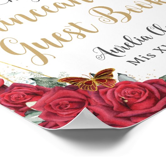 Rote Rosen Quinceanera Birthday Gästebuchsignatur Poster (Ecke)
