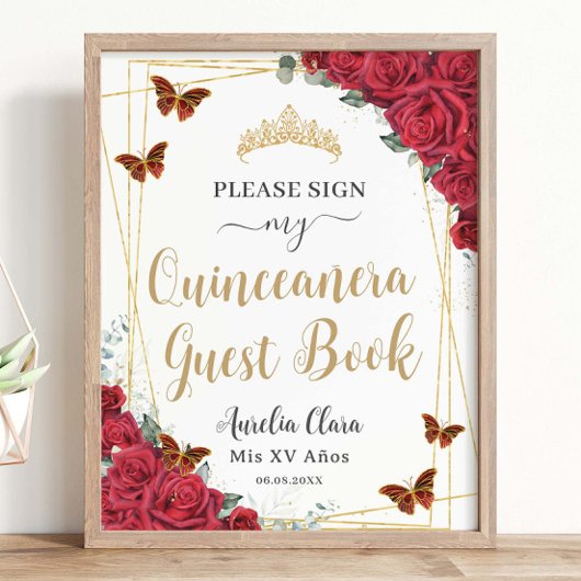 Rote Rosen Quinceanera Birthday Gästebuchsignatur Poster