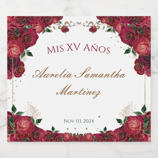 Rote Rosen Quinceañera Liquor Flaschen Etiketten (Einzelnes Label)