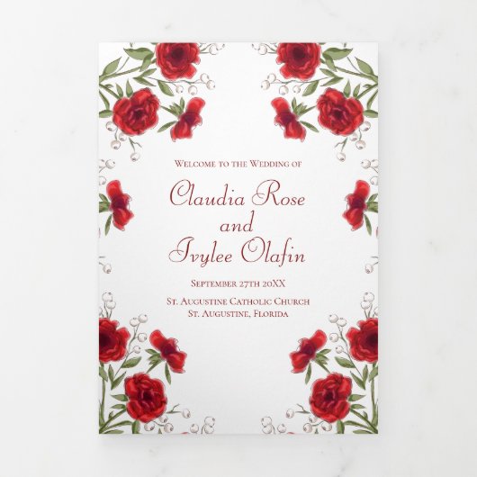 Rote Rosen Romantische Hochzeitsprogramme Dreifach-gefaltete Programmkarte (Cover)