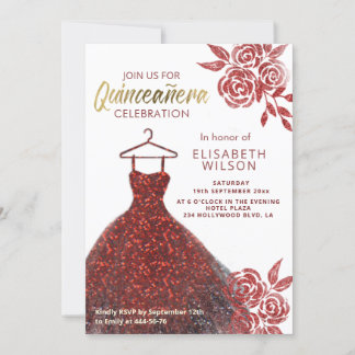 Rote Rosen Rote Sequenzen kleiden Quinceañera Einl Einladung