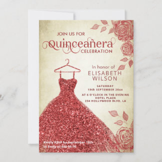Rote Rosen Rotes Glitzer Kleid Quinceañera Einladu Einladung