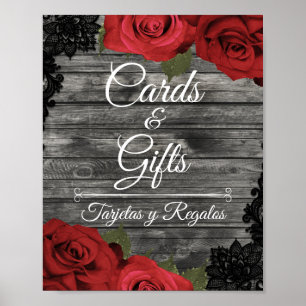 Rote Rosen Rustikale schwarze Hochzeitskarten-Besc Poster