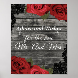 Rote Rosen Rustikale schwarze Spitzen-Hochzeitsber Poster