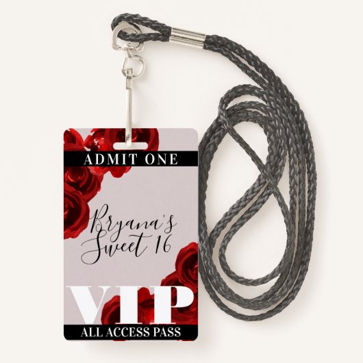 Rote Rosen Rustikaler Chic Sweet 16 VIP Pass Ausweis (Vorderseite mit Schlüsselband)