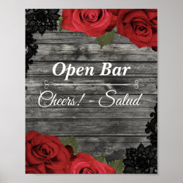 Rote Rosen Rustikales Black Lace Hochzeit Open Bar Poster